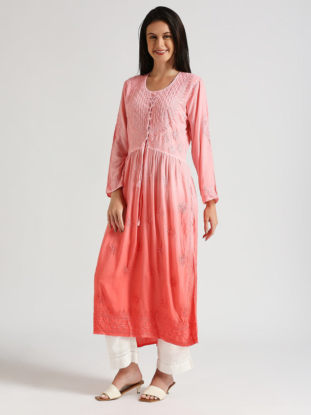 Lucknow Chikankari Hand Embroidered Ombre Nyra cut Kurta - Indiankala4u