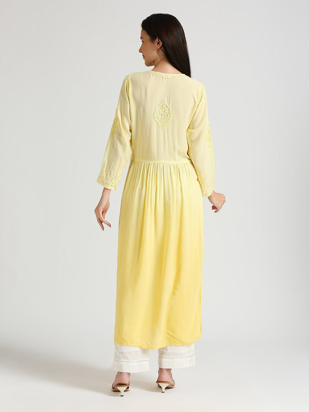 Lucknow Chikankari Hand Embroidered Ombre Nyra cut Kurta - Indiankala4u