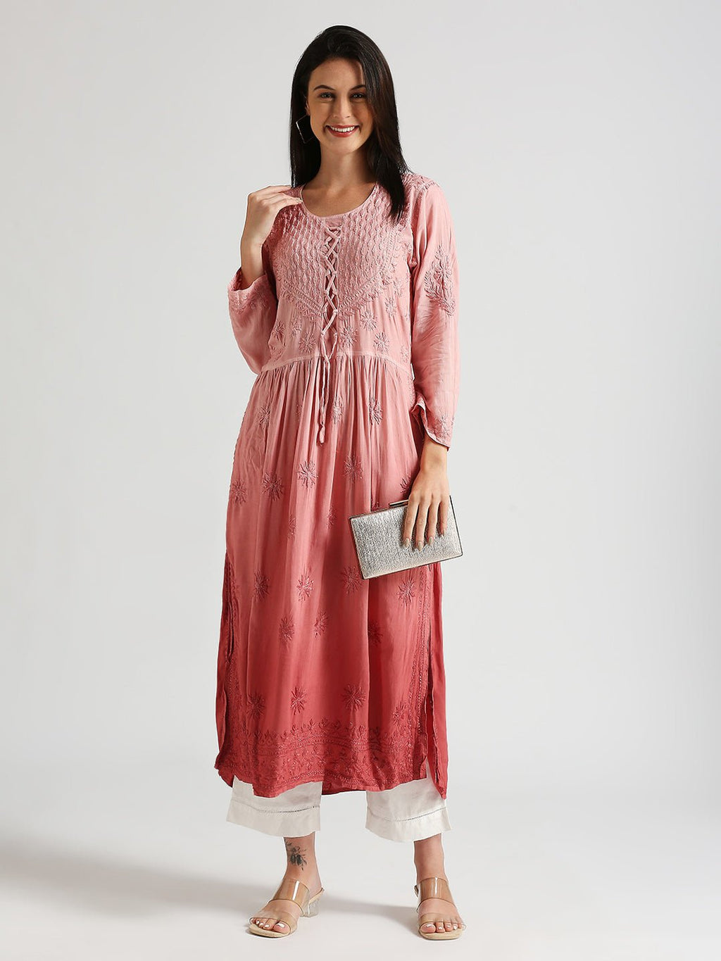 Lucknow Chikankari Hand Embroidered Ombre Nyra cut Kurta - Indiankala4u