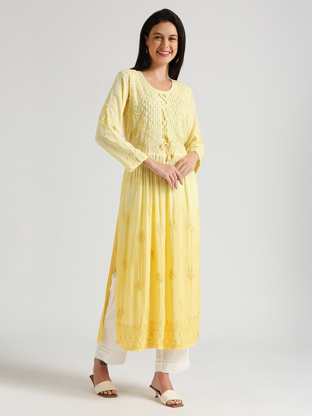 Lucknow Chikankari Hand Embroidered Ombre Nyra cut Kurta - Indiankala4u