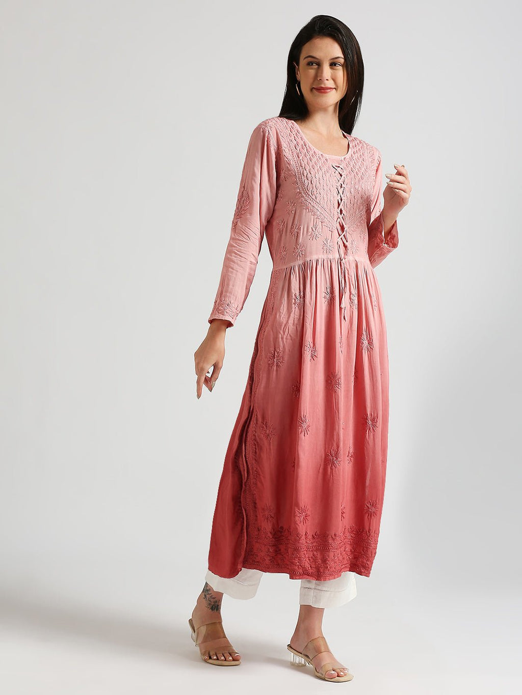 Lucknow Chikankari Hand Embroidered Ombre Nyra cut Kurta - Indiankala4u