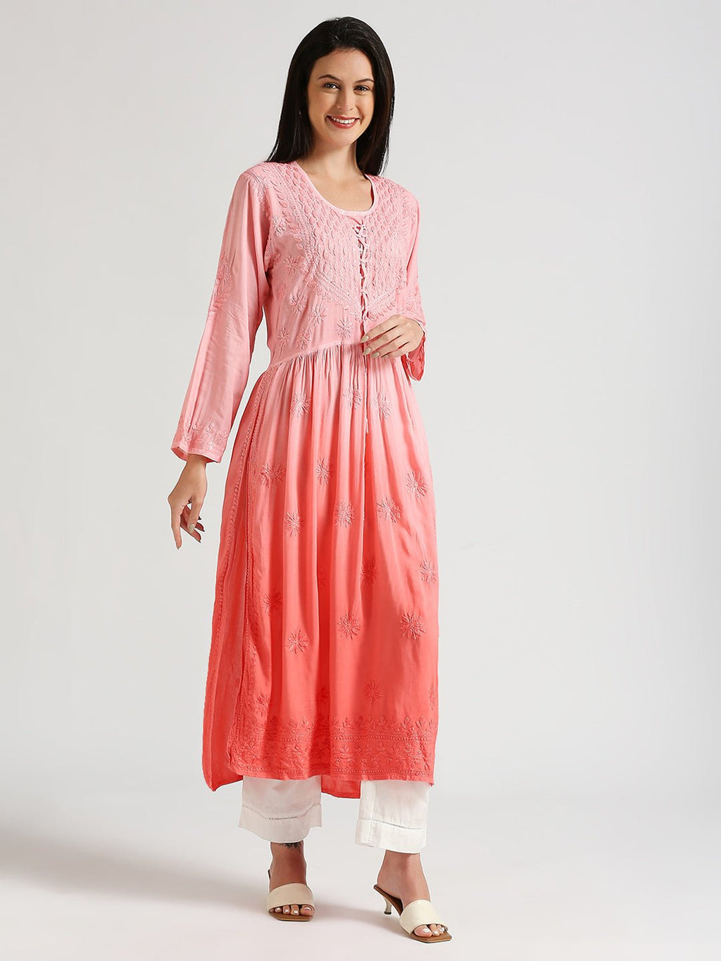 Lucknow Chikankari Hand Embroidered Ombre Nyra cut Kurta - Indiankala4u