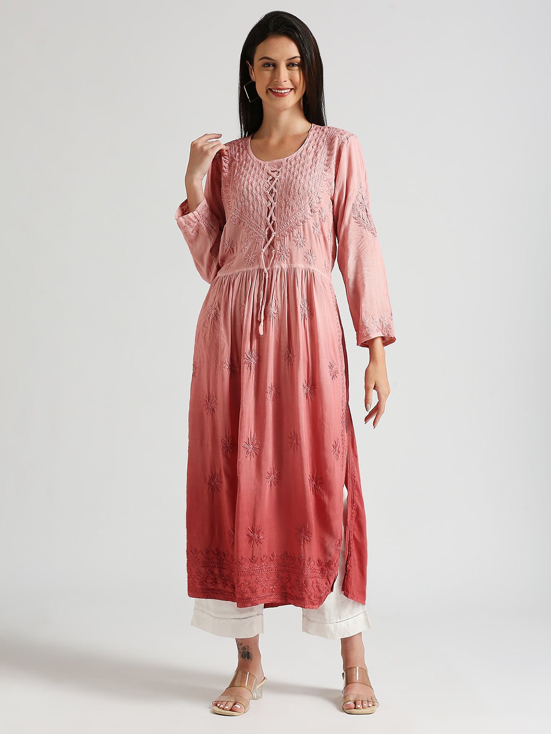 Lucknow Chikankari Hand Embroidered Ombre Nyra cut Kurta - Indiankala4u