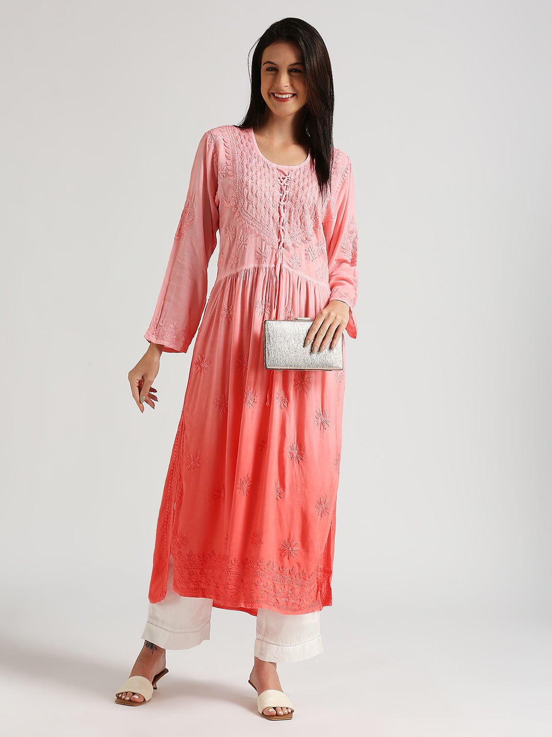 Lucknow Chikankari Hand Embroidered Ombre Nyra cut Kurta - Indiankala4u