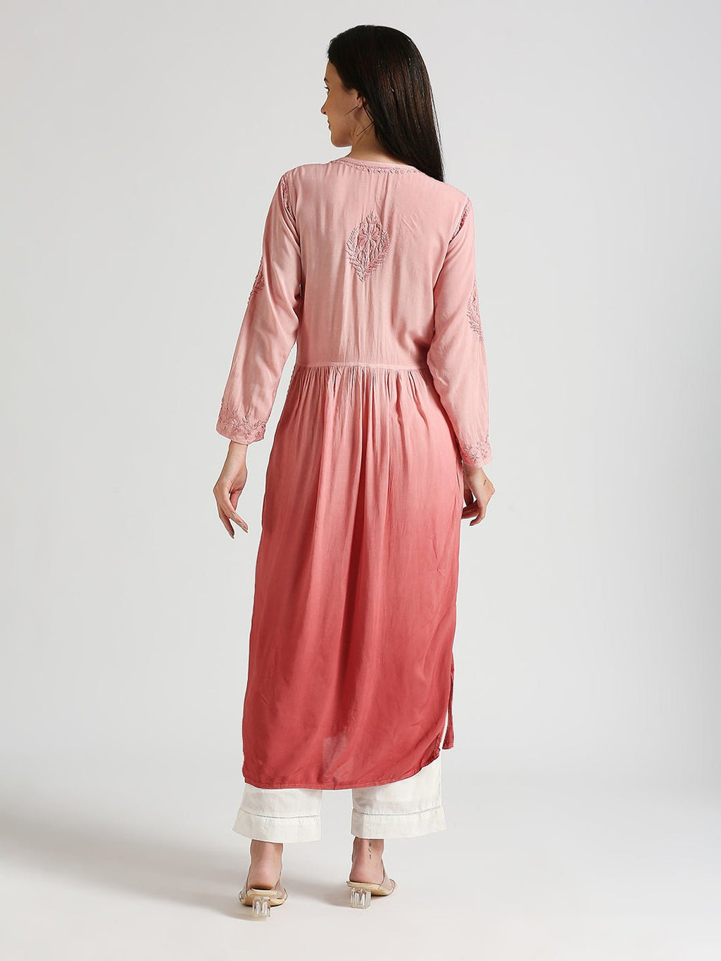 Lucknow Chikankari Hand Embroidered Ombre Nyra cut Kurta - Indiankala4u