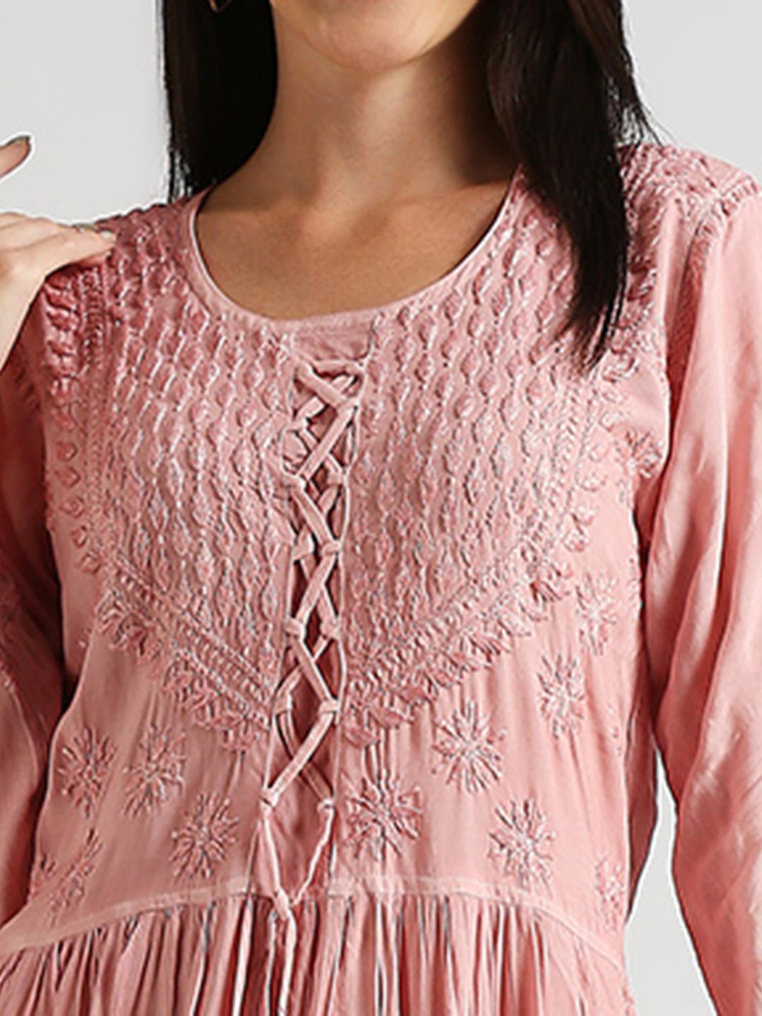 Lucknow Chikankari Hand Embroidered Ombre Nyra cut Kurta - Indiankala4u