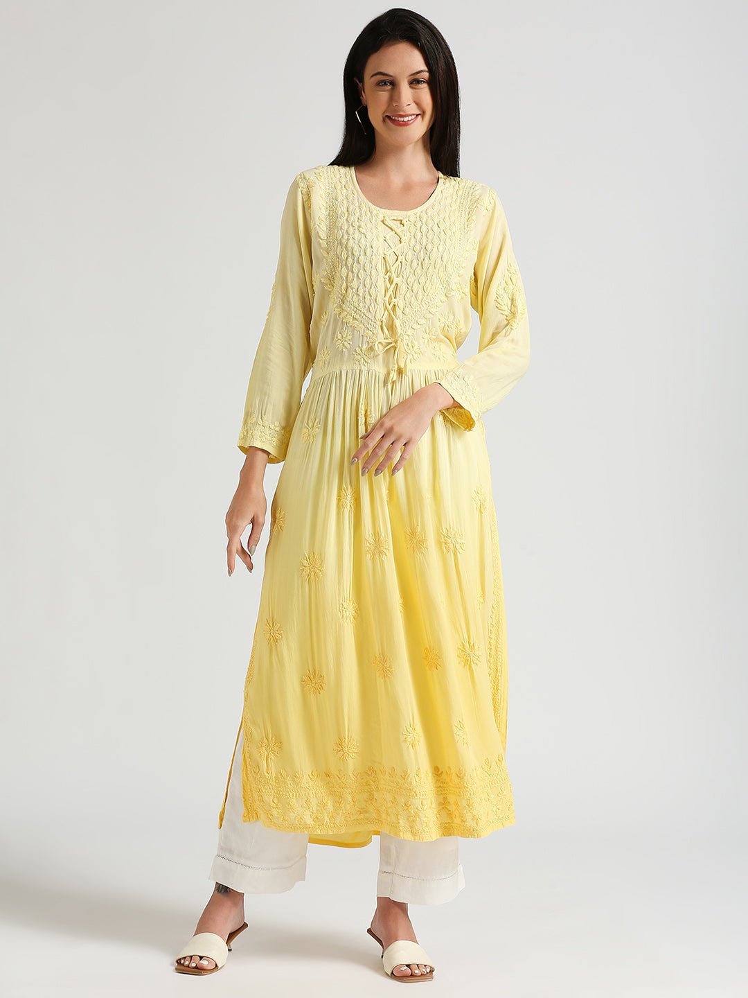 Lucknow Chikankari Hand Embroidered Ombre Nyra cut Kurta - Indiankala4u