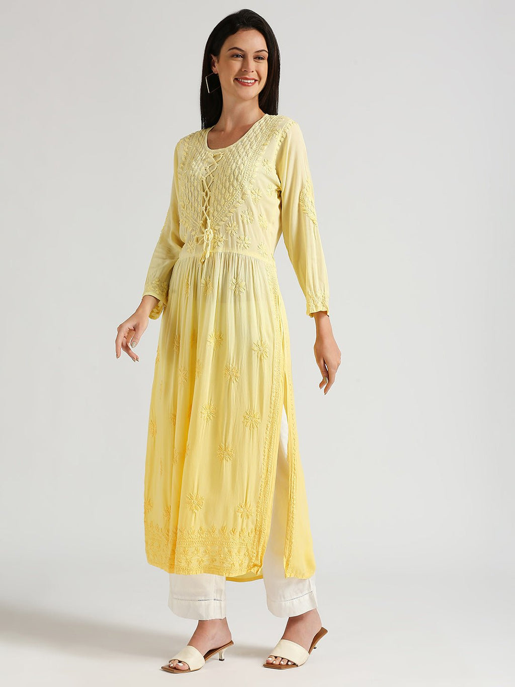 Lucknow Chikankari Hand Embroidered Ombre Nyra cut Kurta - Indiankala4u