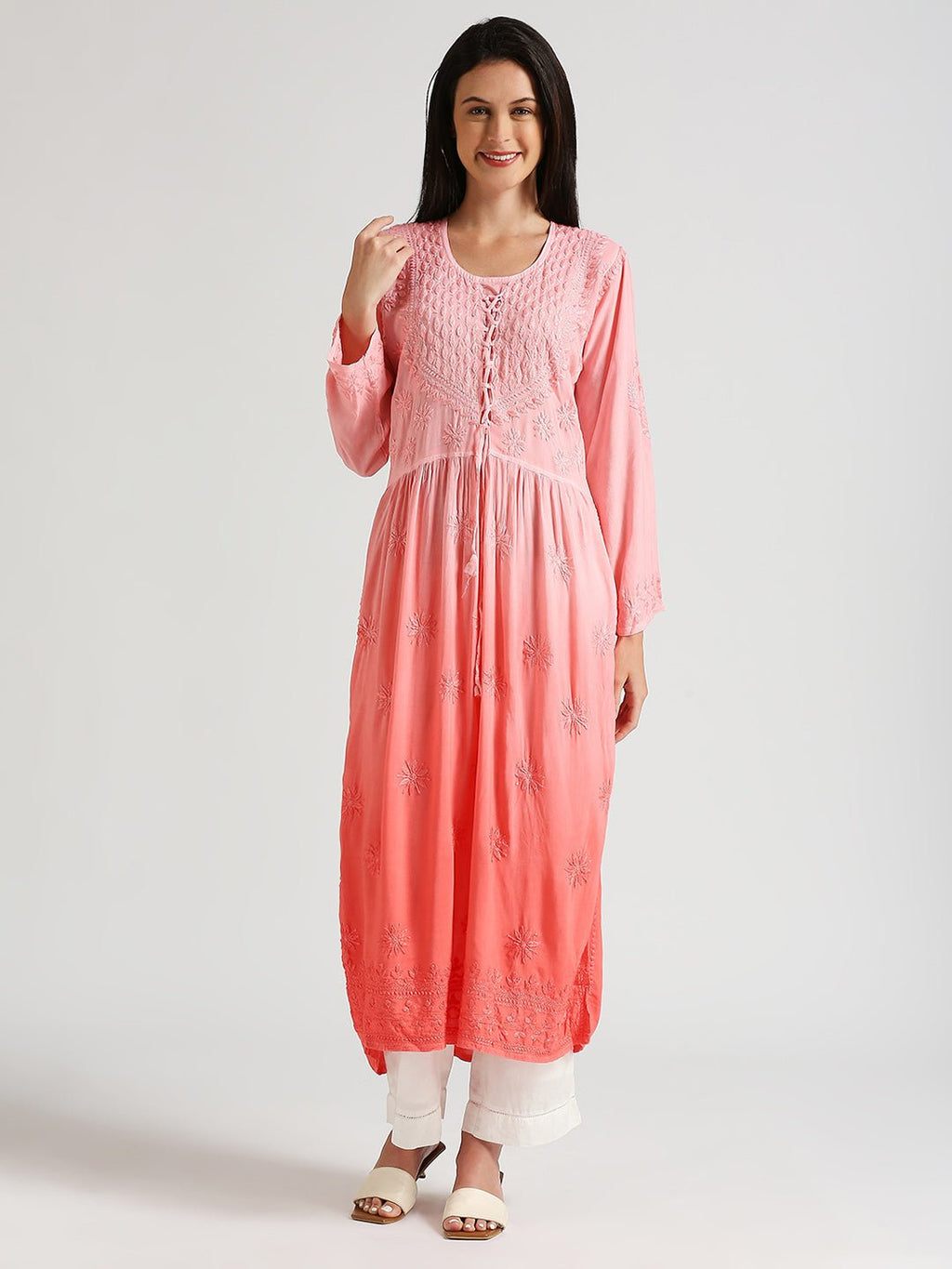 Lucknow Chikankari Hand Embroidered Ombre Nyra cut Kurta - Indiankala4u