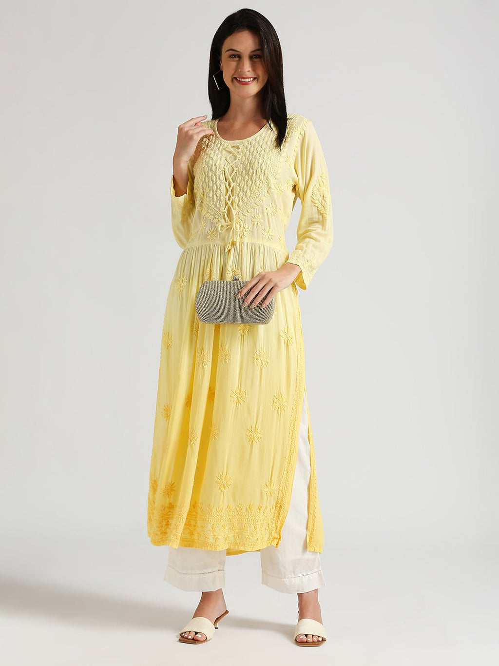 Lucknow Chikankari Hand Embroidered Ombre Nyra cut Kurta - Indiankala4u