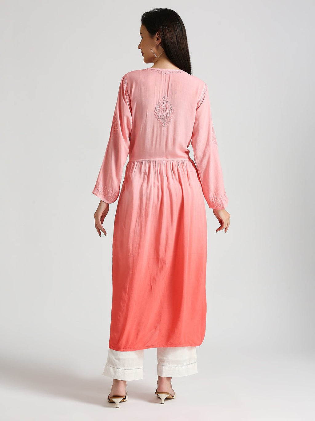 Lucknow Chikankari Hand Embroidered Ombre Nyra cut Kurta - Indiankala4u