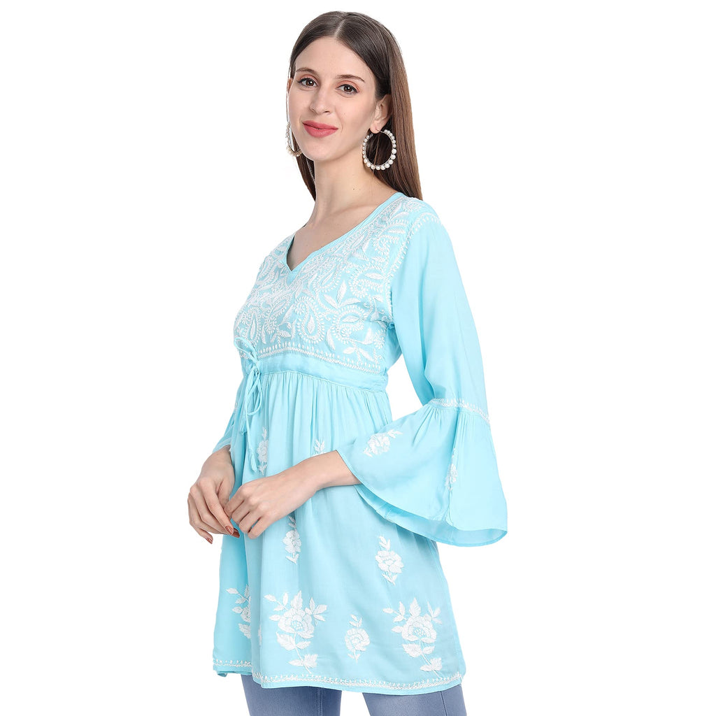 Lucknow Chikankari Hand Embroidered Peplum Fit and Flared Top Short Kurti - Indiankala4u