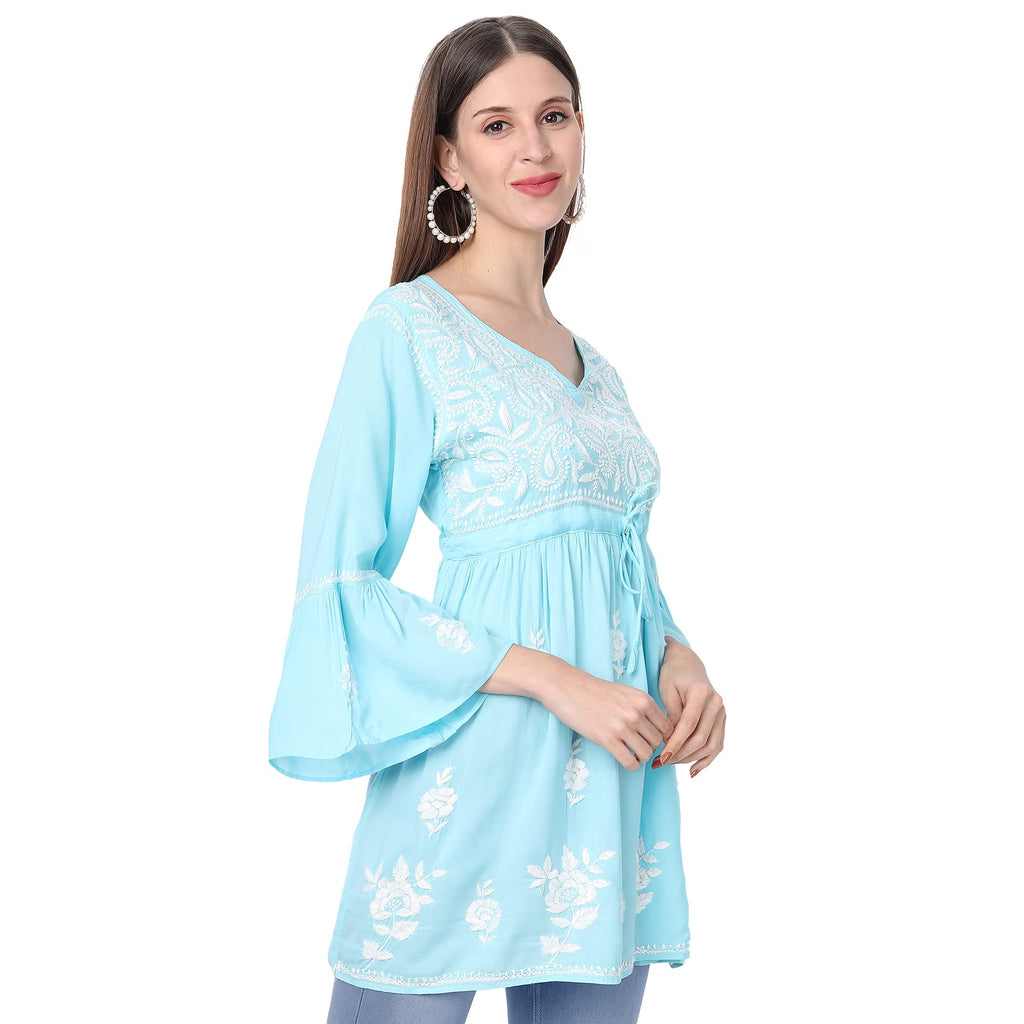 Lucknow Chikankari Hand Embroidered Peplum Fit and Flared Top Short Kurti - Indiankala4u