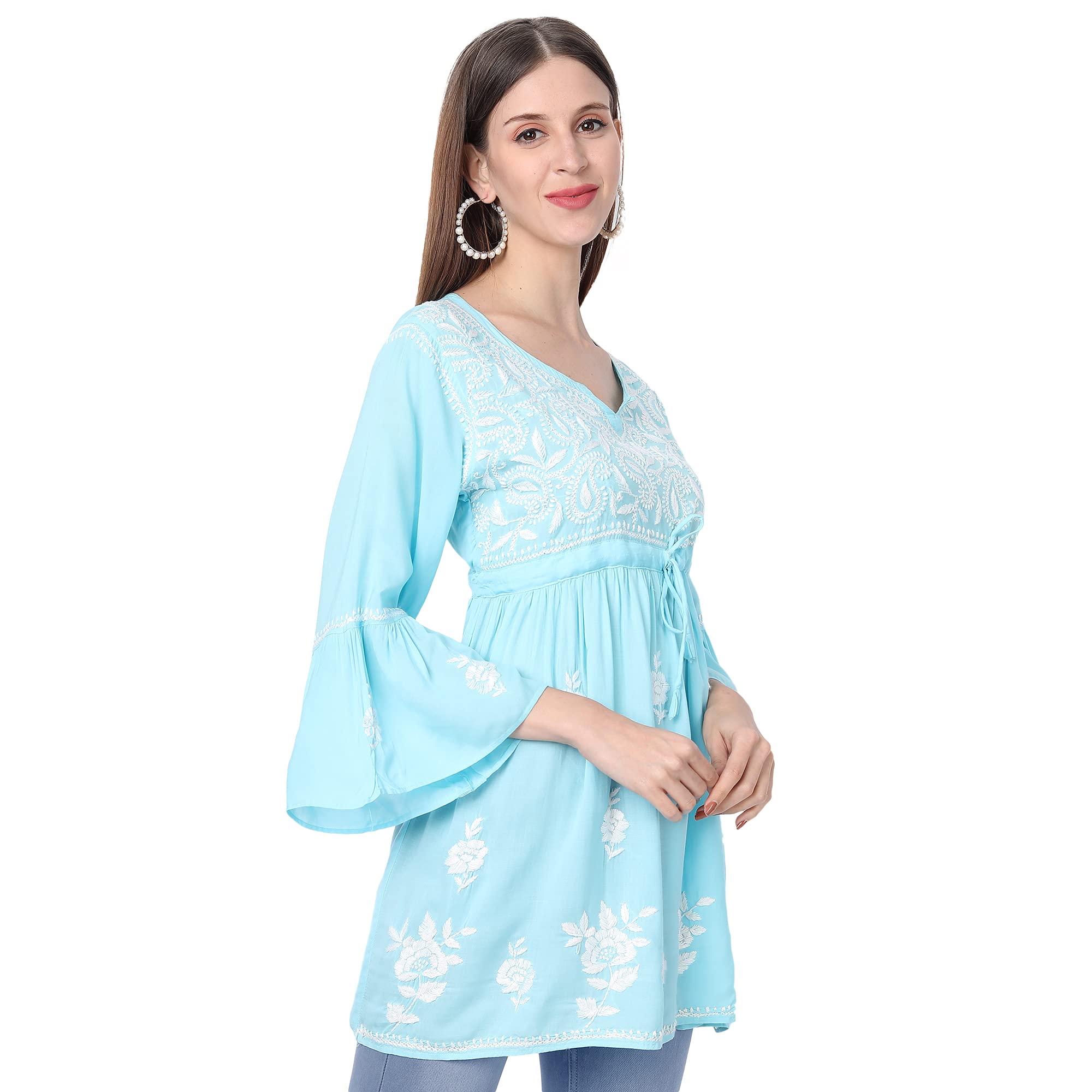 Lucknow Chikankari Hand Embroidered Peplum Fit and Flared Top Short Kurti - Indiankala4u