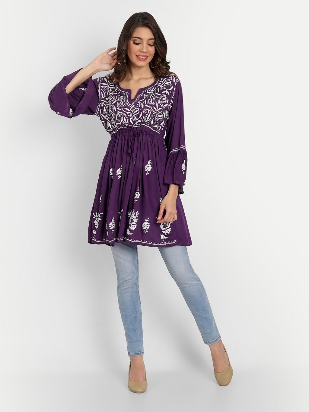 Lucknow Chikankari Hand Embroidered Peplum Fit and Flared Top Short Kurti - Indiankala4u