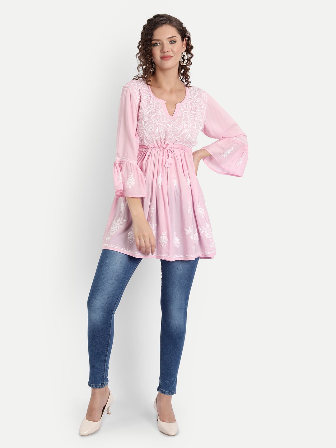 Lucknow Chikankari Hand Embroidered Peplum Fit and Flared Top Short Kurti - Indiankala4u