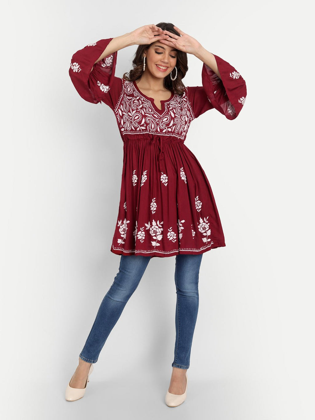 Lucknow Chikankari Hand Embroidered Peplum Fit and Flared Top Short Kurti - Indiankala4u