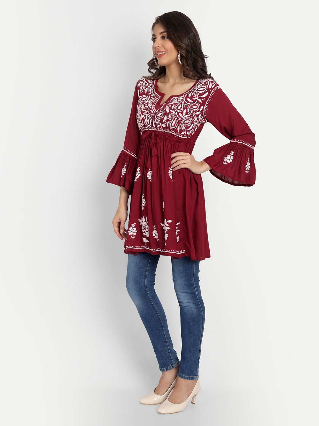 Lucknow Chikankari Hand Embroidered Peplum Fit and Flared Top Short Kurti - Indiankala4u