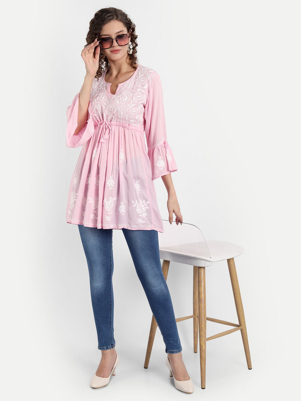 Lucknow Chikankari Hand Embroidered Peplum Fit and Flared Top Short Kurti - Indiankala4u