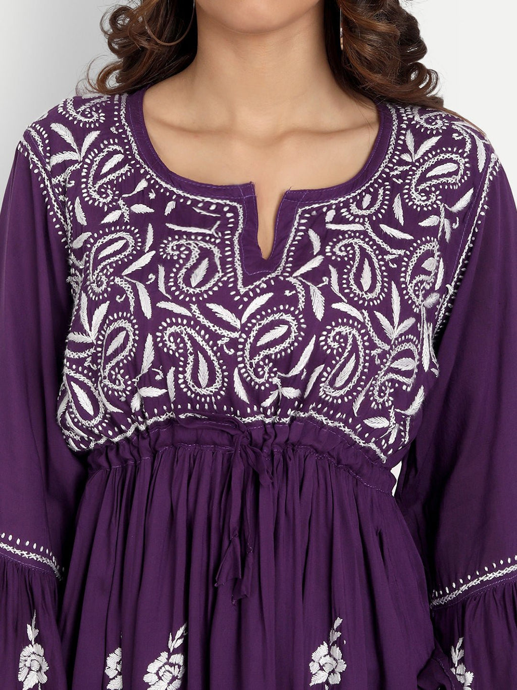 Lucknow Chikankari Hand Embroidered Peplum Fit and Flared Top Short Kurti - Indiankala4u