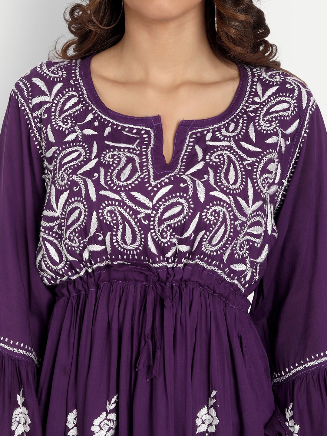 Lucknow Chikankari Hand Embroidered Peplum Fit and Flared Top Short Kurti - Indiankala4u