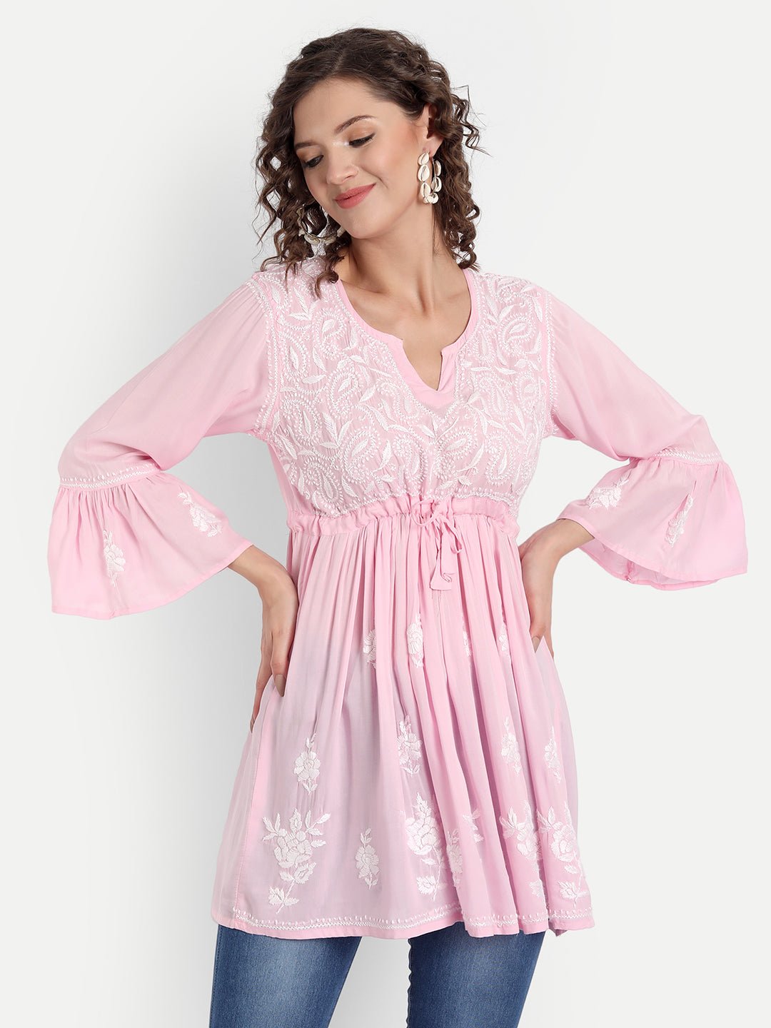 Lucknow Chikankari Hand Embroidered Peplum Fit and Flared Top Short Kurti - Indiankala4u