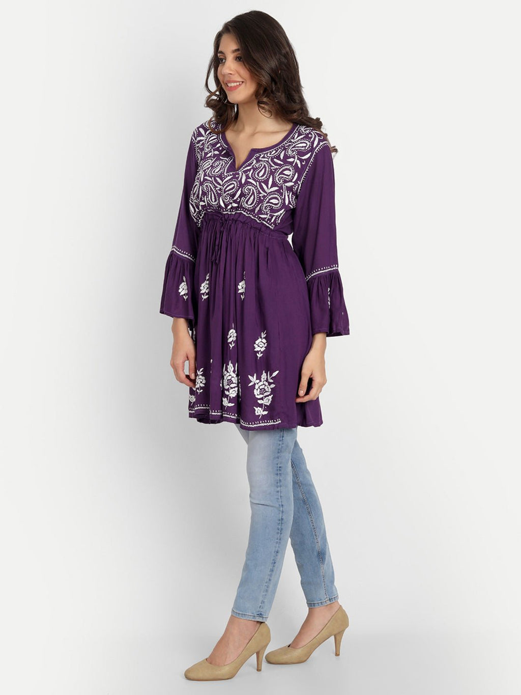 Lucknow Chikankari Hand Embroidered Peplum Fit and Flared Top Short Kurti - Indiankala4u