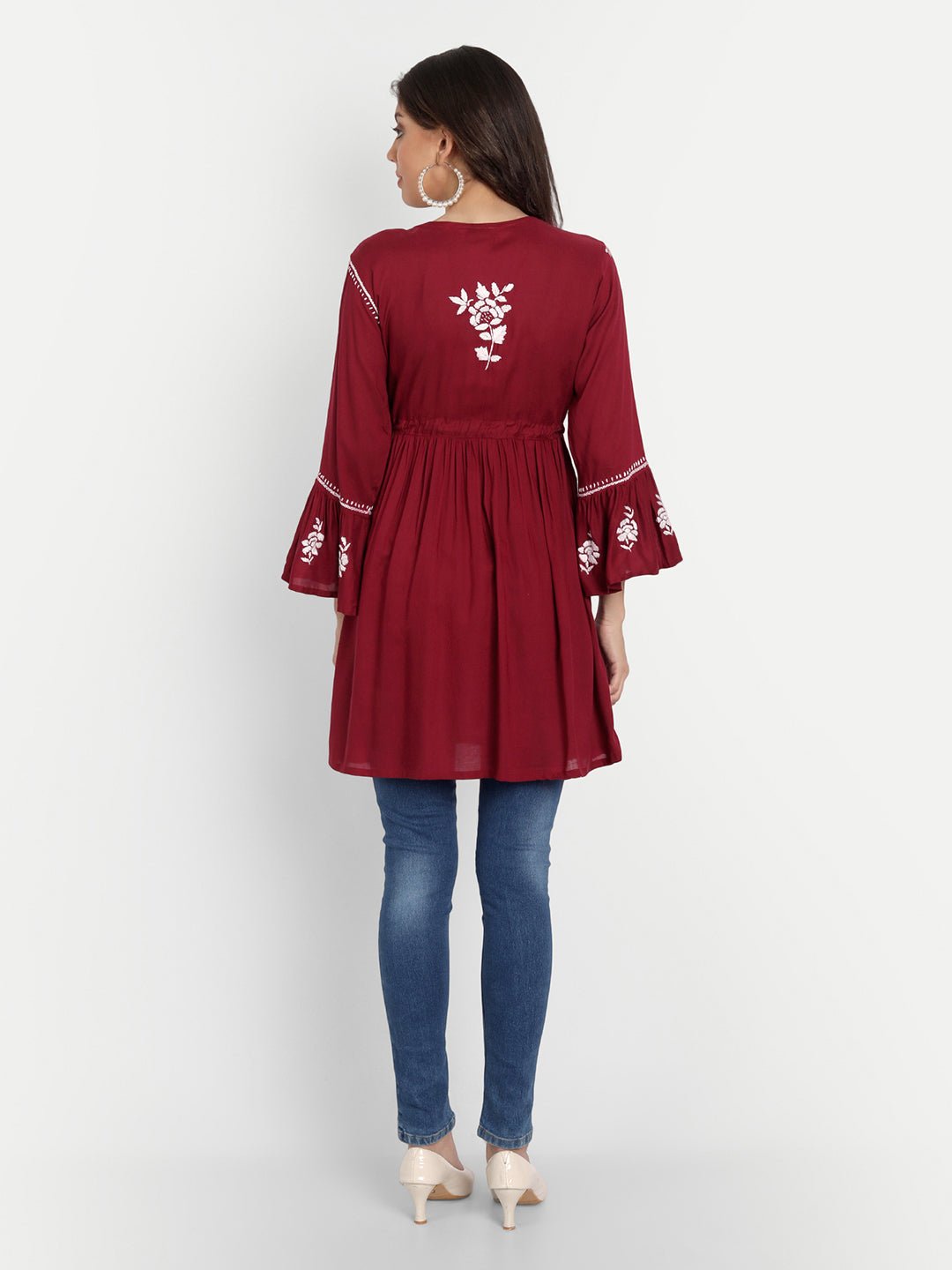 Lucknow Chikankari Hand Embroidered Peplum Fit and Flared Top Short Kurti - Indiankala4u