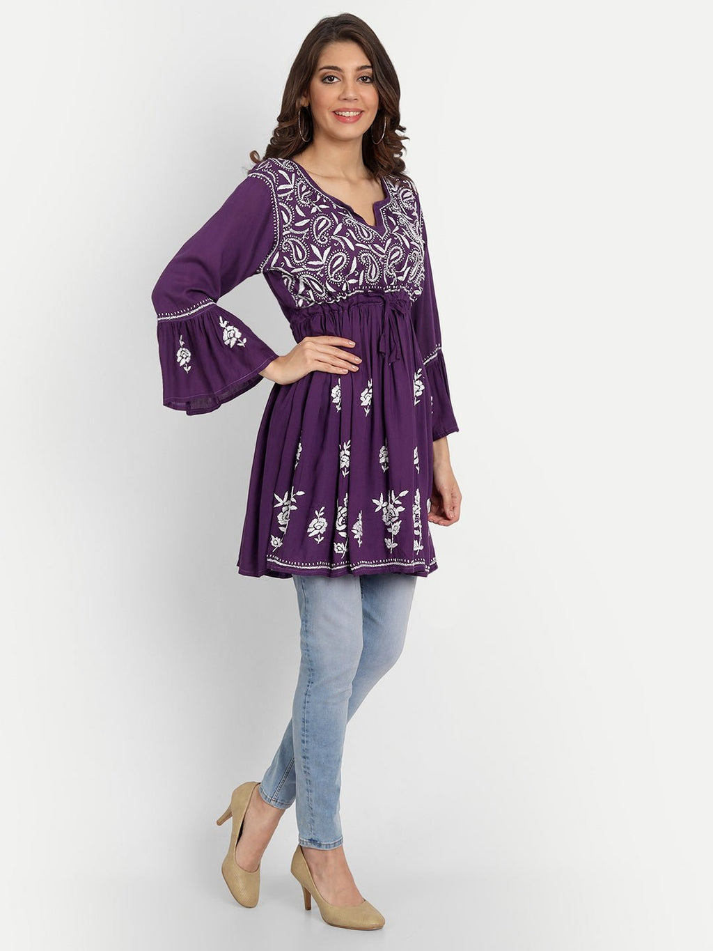 Lucknow Chikankari Hand Embroidered Peplum Fit and Flared Top Short Kurti - Indiankala4u