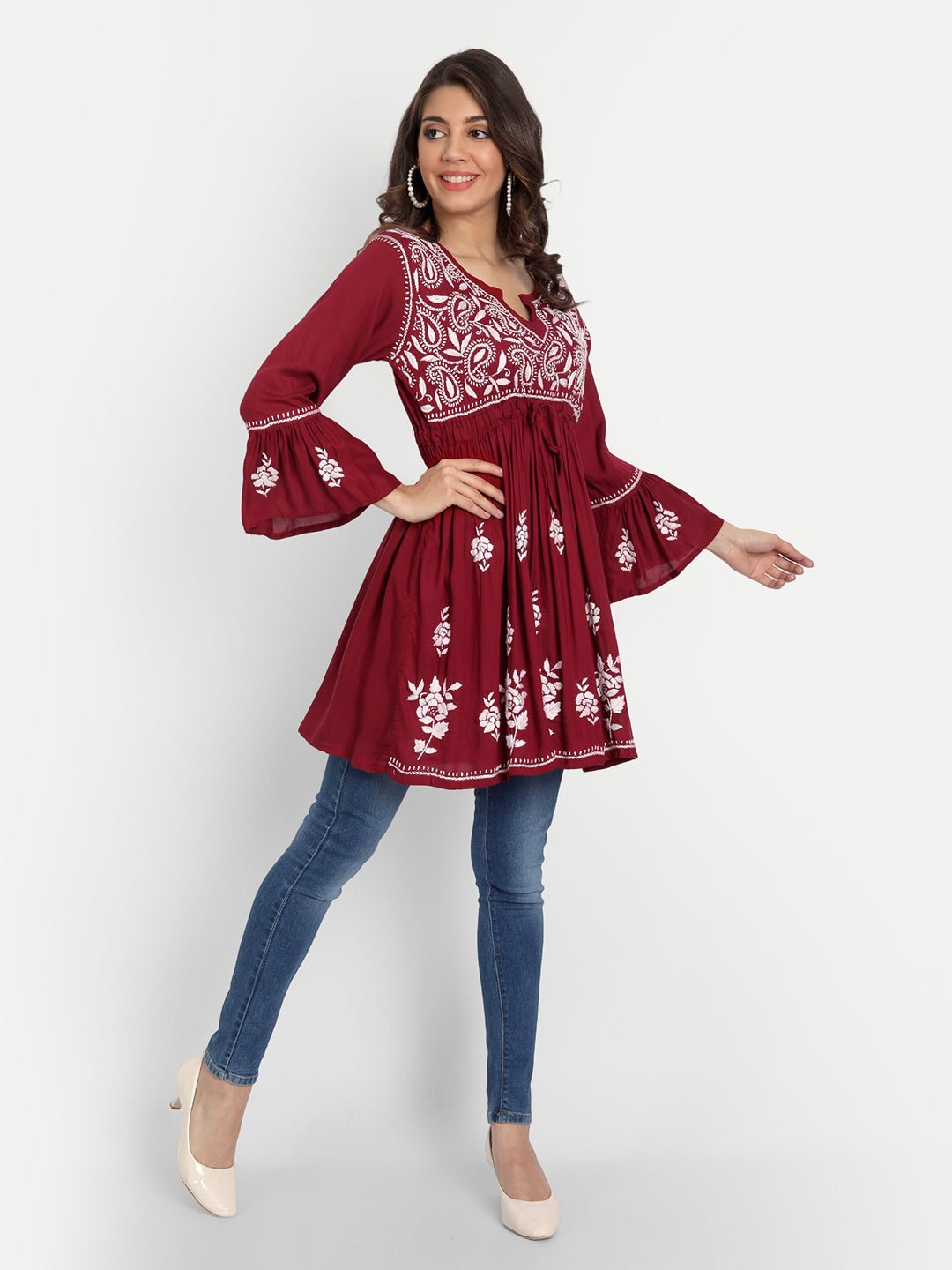 Lucknow Chikankari Hand Embroidered Peplum Fit and Flared Top Short Kurti - Indiankala4u