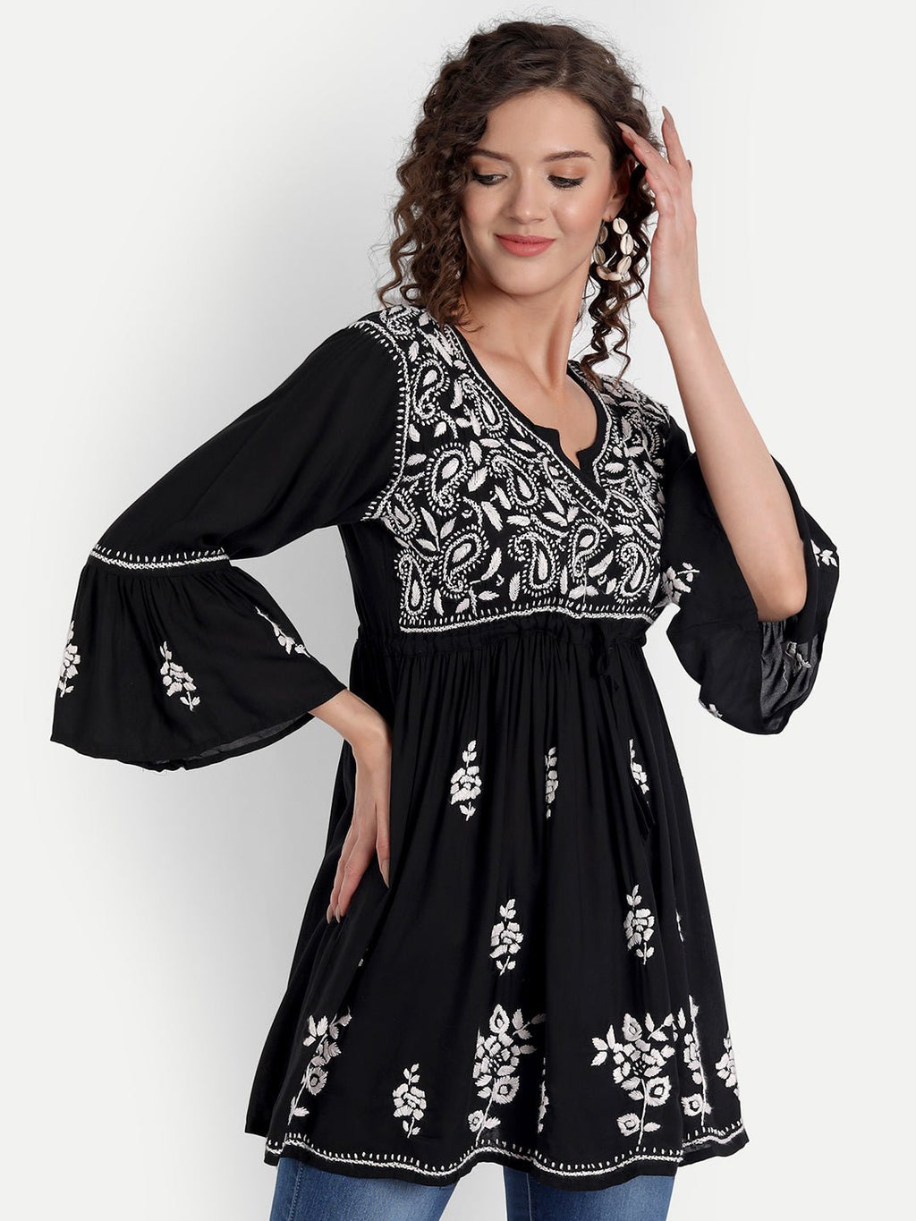 Lucknow Chikankari Hand Embroidered Peplum Fit and Flared Top Short Kurti - Indiankala4u