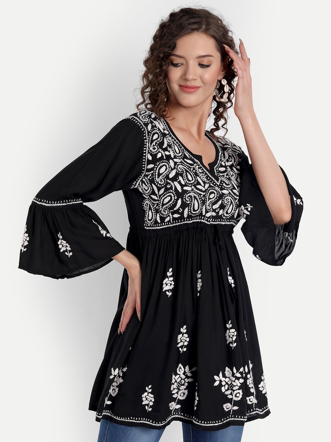 Lucknow Chikankari Hand Embroidered Peplum Fit and Flared Top Short Kurti - Indiankala4u