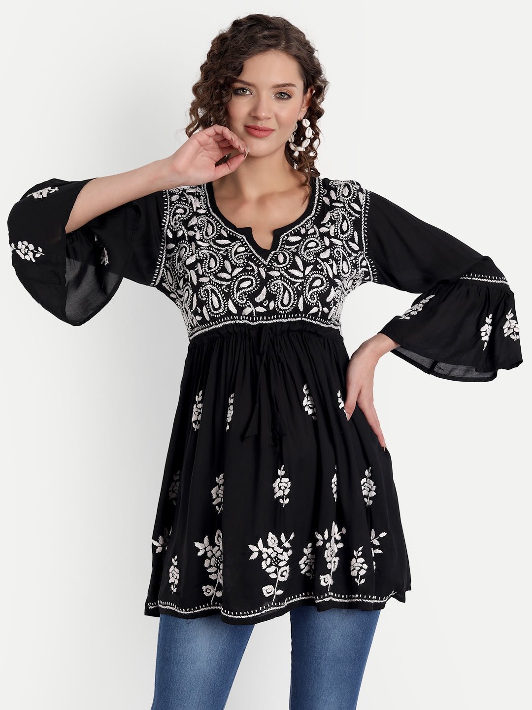 Lucknow Chikankari Hand Embroidered Peplum Fit and Flared Top Short Kurti - Indiankala4u