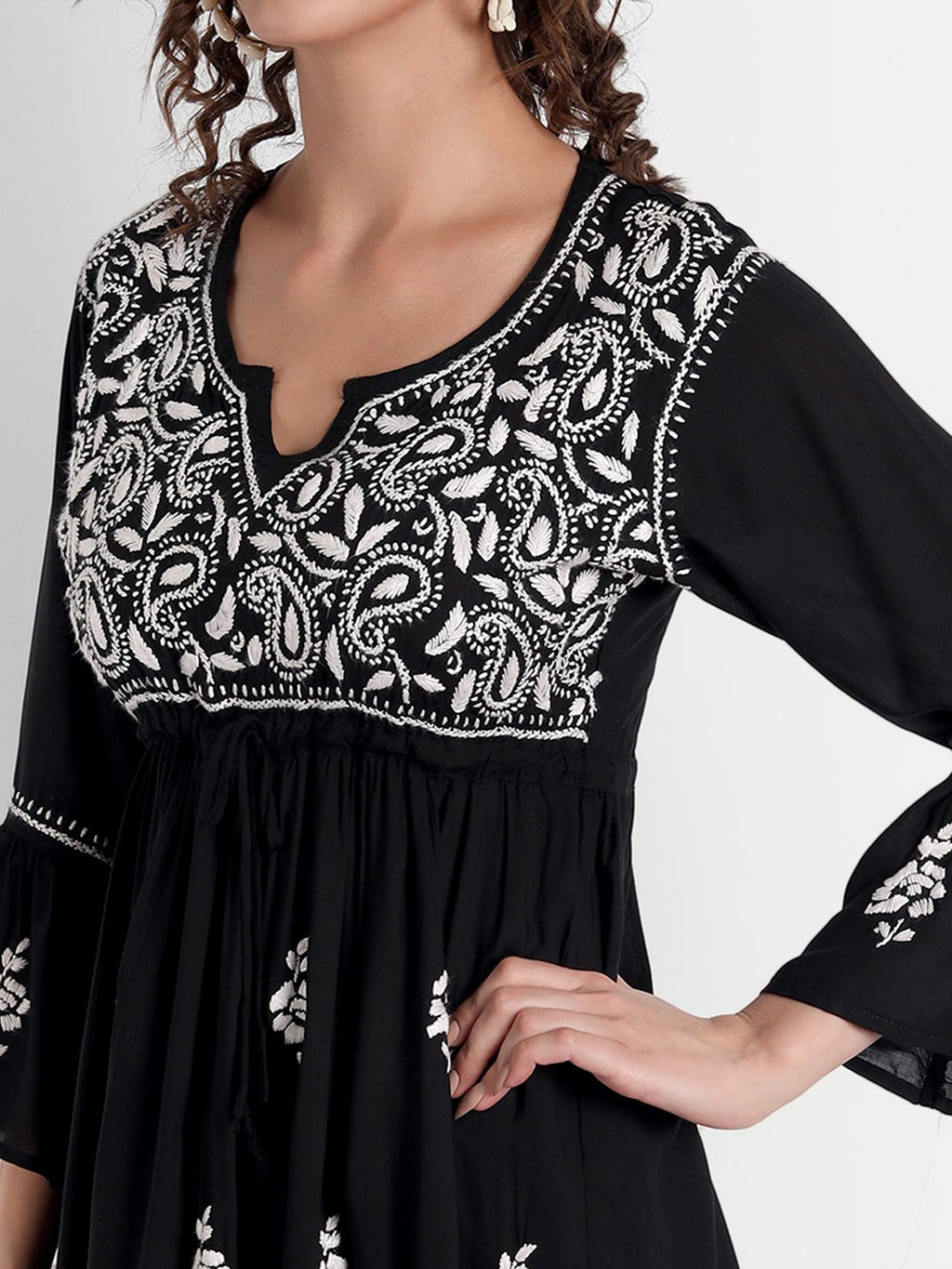 Lucknow Chikankari Hand Embroidered Peplum Fit and Flared Top Short Kurti - Indiankala4u