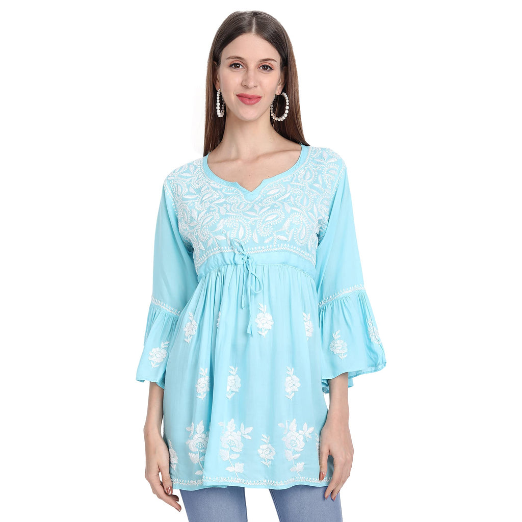 Lucknow Chikankari Hand Embroidered Peplum Fit and Flared Top Short Kurti - Indiankala4u