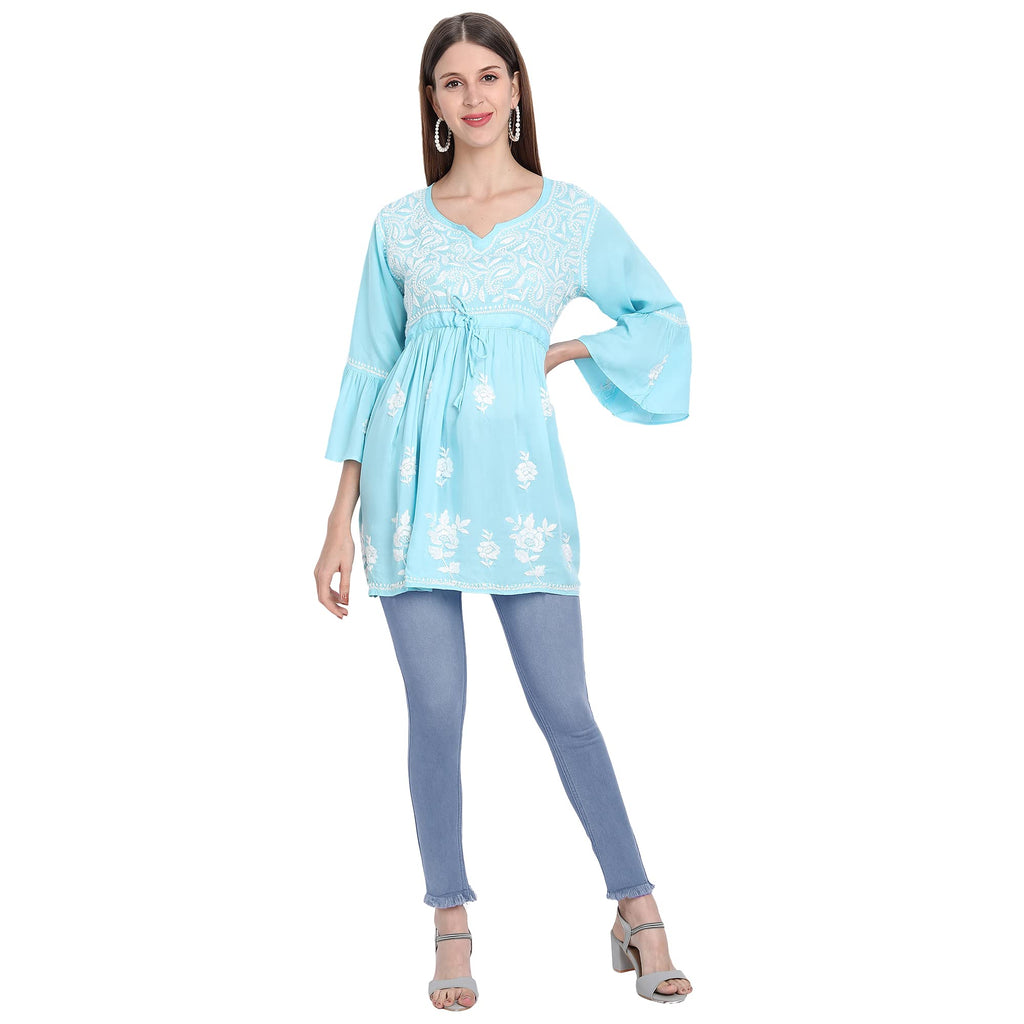 Lucknow Chikankari Hand Embroidered Peplum Fit and Flared Top Short Kurti - Indiankala4u