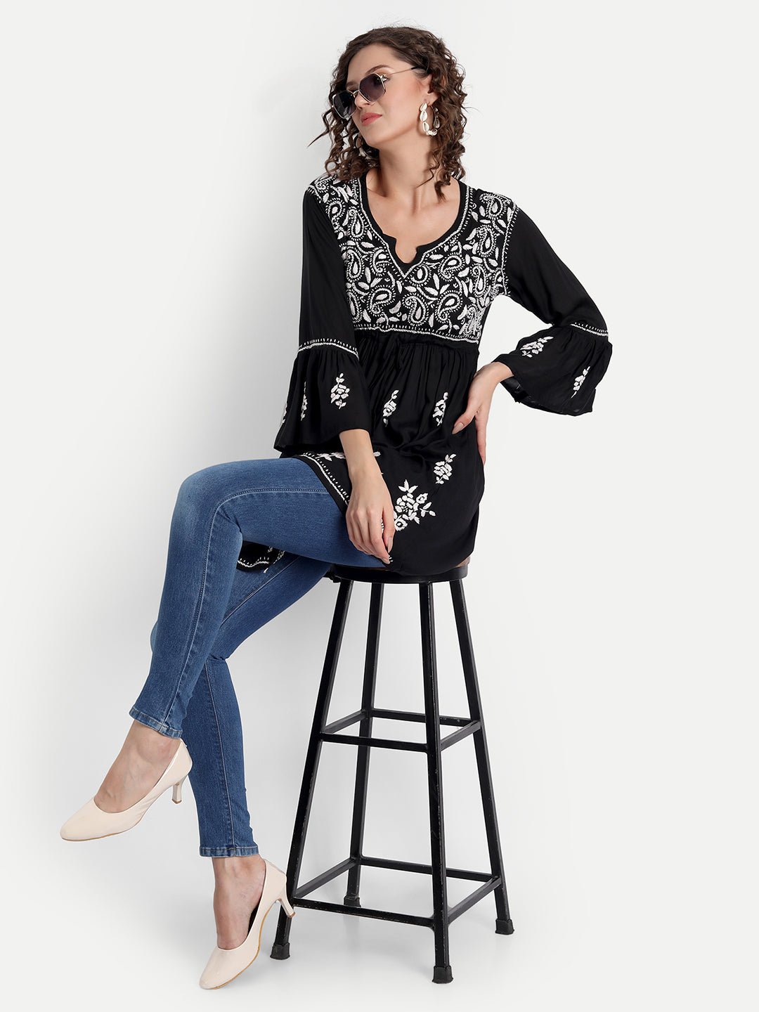 Lucknow Chikankari Hand Embroidered Peplum Fit and Flared Top Short Kurti - Indiankala4u