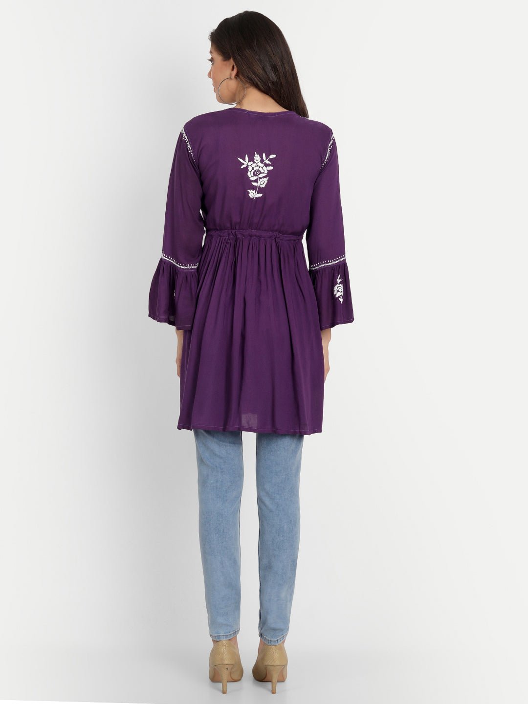 Lucknow Chikankari Hand Embroidered Peplum Fit and Flared Top Short Kurti - Indiankala4u