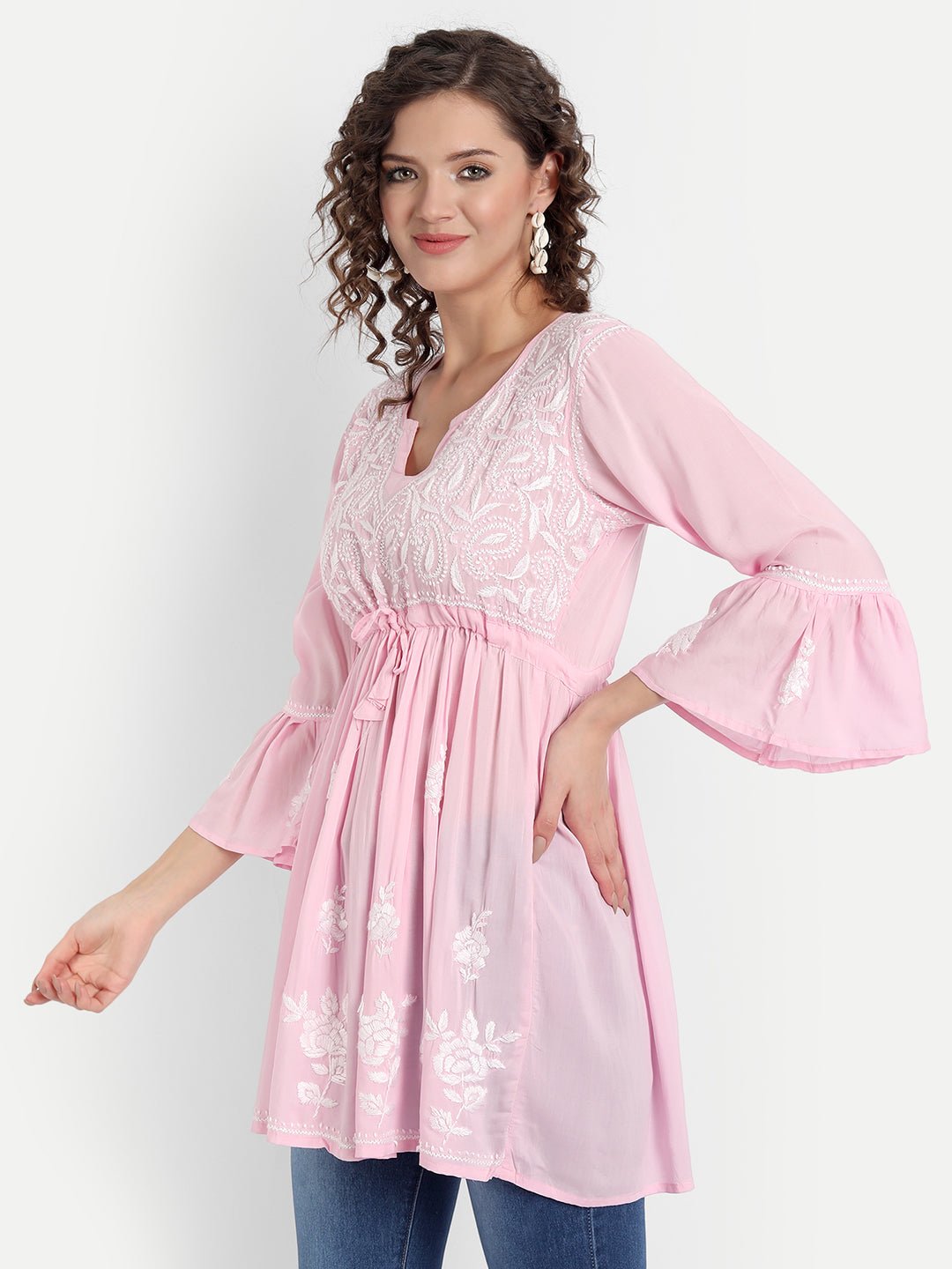 Lucknow Chikankari Hand Embroidered Peplum Fit and Flared Top Short Kurti - Indiankala4u