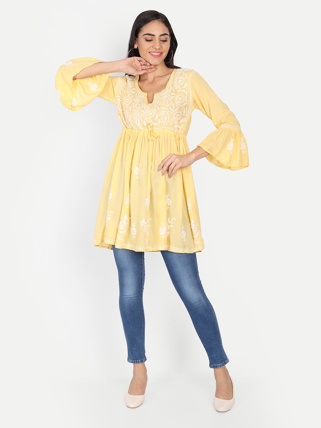 Lucknow Chikankari Hand Embroidered Peplum Fit and Flared Top Short Kurti (Copy) - Indiankala4u