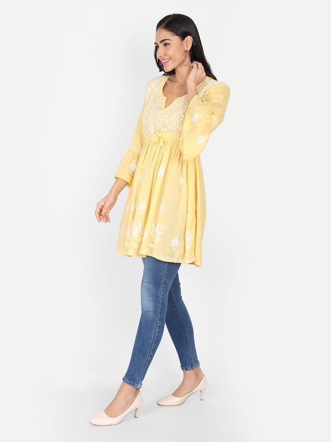 Lucknow Chikankari Hand Embroidered Peplum Fit and Flared Top Short Kurti (Copy) - Indiankala4u