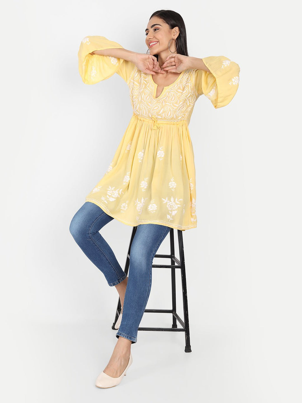 Lucknow Chikankari Hand Embroidered Peplum Fit and Flared Top Short Kurti (Copy) - Indiankala4u