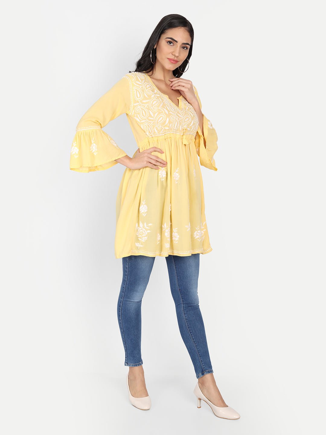 Lucknow Chikankari Hand Embroidered Peplum Fit and Flared Top Short Kurti (Copy) - Indiankala4u