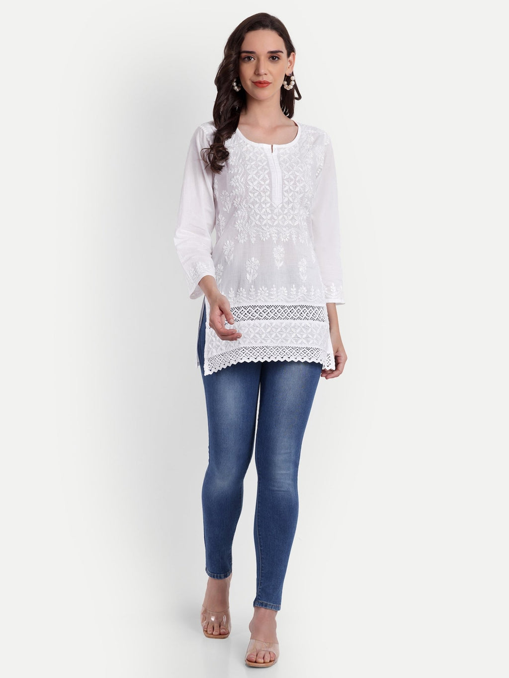 Lucknow Chikankari Hand Embroidered Short Kurti Top Pure Cotton - Indiankala4u