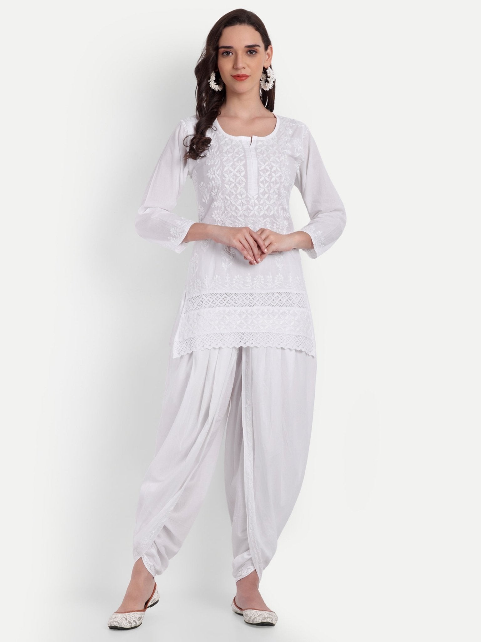 Lucknow Chikankari Hand Embroidered Short Kurti Top Pure Cotton - Indiankala4u