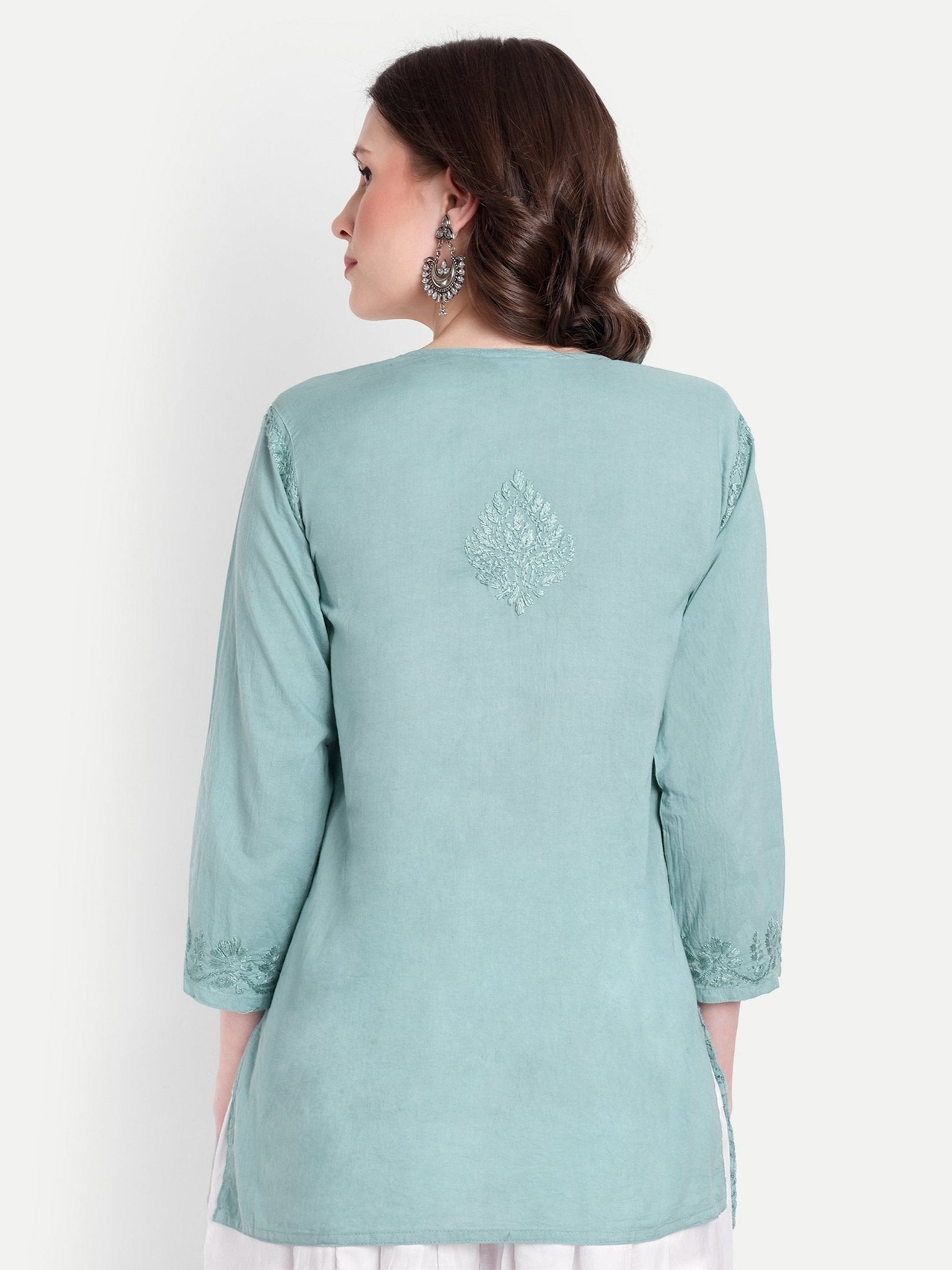 Lucknow Chikankari Hand Embroidered Short Kurti Top Pure Cotton - Indiankala4u