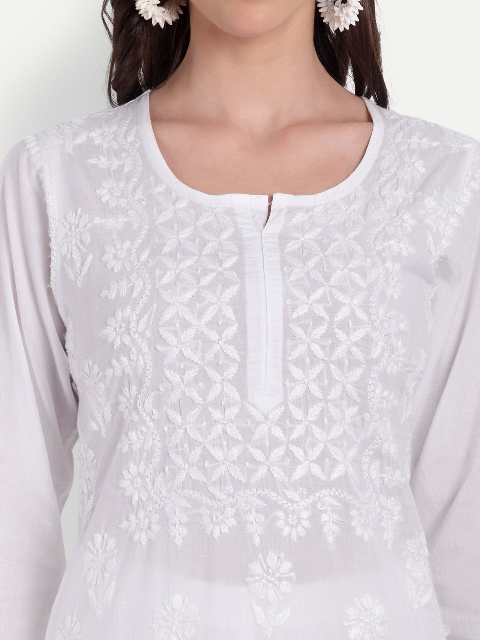 Lucknow Chikankari Hand Embroidered Short Kurti Top Pure Cotton - Indiankala4u