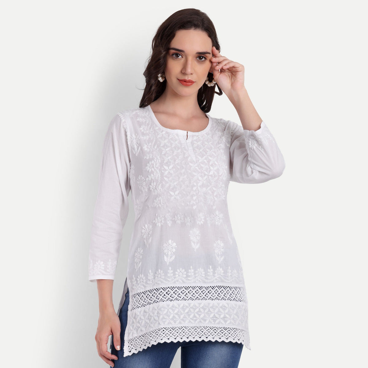 Lucknow Chikankari Hand Embroidered Short Kurti Top Pure Cotton - Indiankala4u