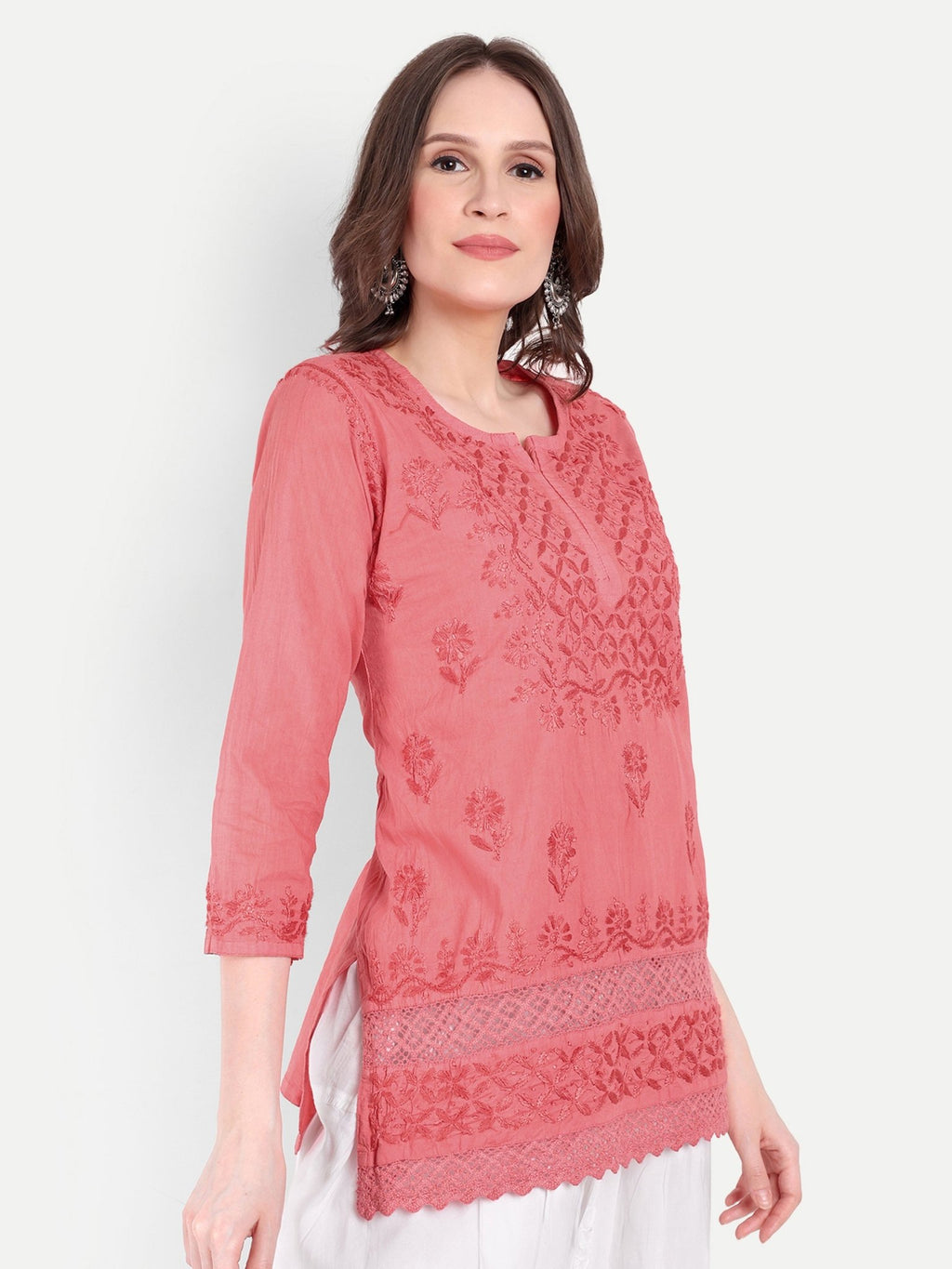 Lucknow Chikankari Hand Embroidered Short Kurti Top Pure Cotton - Indiankala4u