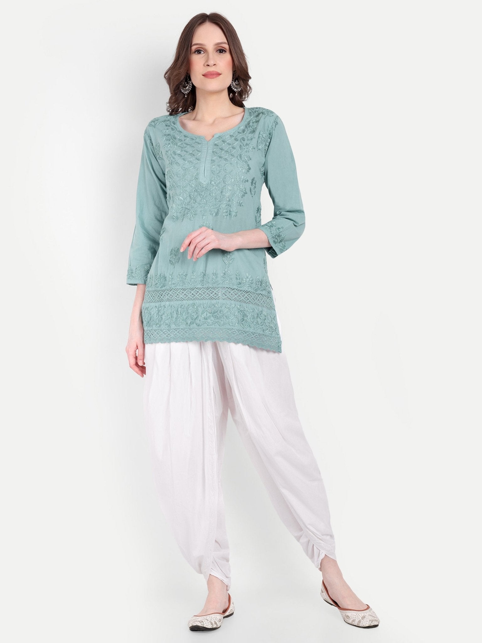 Lucknow Chikankari Hand Embroidered Short Kurti Top Pure Cotton - Indiankala4u